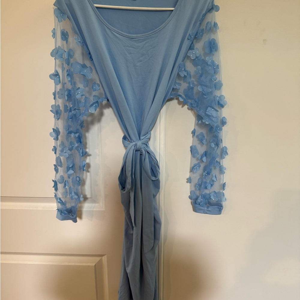 Maternity Blue Sheer Floral Sleeve Dress